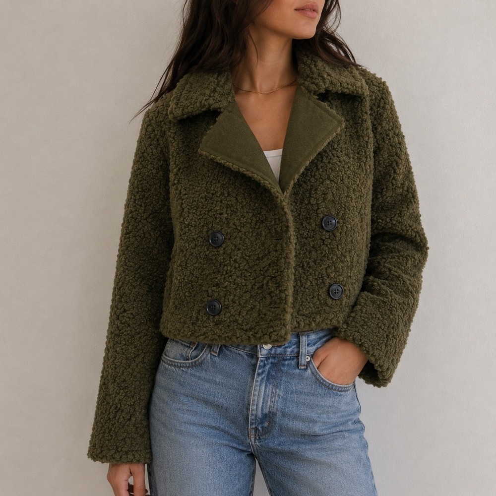 The Korner Olive Green Teddy Sherpa Double Breasted Cropped Jacket XS